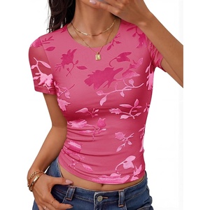 image:imageZESICA Womens Summer Short Sleeve Mesh Floral Crop TopsRose