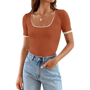 image:imageZESICA Womens Summer Short Sleeve Square Neck Business TopsRust