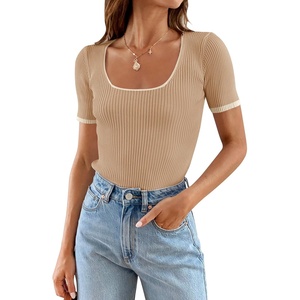 image:imageZESICA Womens Summer Short Sleeve Square Neck Business TopsToffee