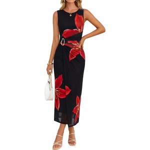 image:imageZESICA Womens Summer Sleeveless Floral Ruched Wrap Bodycon Midi DressBlack