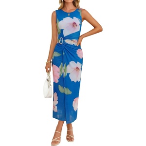 image:imageZESICA Womens Summer Sleeveless Floral Ruched Wrap Bodycon Midi DressDark Blue