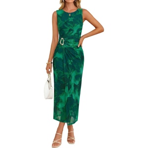 image:imageZESICA Womens Summer Sleeveless Floral Ruched Wrap Bodycon Midi DressGreen