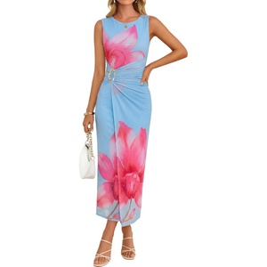 image:imageZESICA Womens Summer Sleeveless Floral Ruched Wrap Bodycon Midi DressPink