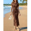 image:imageZESICA Women Summer 2026 Floral Short Sleeve Bodycon Mesh Maxi Formal DressBrown