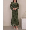 image:imageZESICA Womens Long Sleeve Floral Fall Bodycon Ruched Mesh Maxi Formal DressArmy
