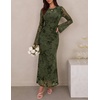 image:imageZESICA Womens Long Sleeve Floral Fall Bodycon Ruched Mesh Maxi Formal DressArmy
