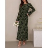 image:imageZESICA Womens Long Sleeve Floral Fall Bodycon Ruched Mesh Maxi Formal DressArmy Green