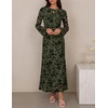image:imageZESICA Womens Long Sleeve Floral Fall Bodycon Ruched Mesh Maxi Formal DressArmy Green