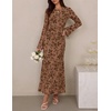 image:imageZESICA Womens Long Sleeve Floral Fall Bodycon Ruched Mesh Maxi Formal DressBrown