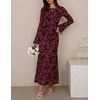 image:imageZESICA Womens Long Sleeve Floral Fall Bodycon Ruched Mesh Maxi Formal DressBurgundy