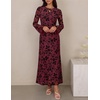 image:imageZESICA Womens Long Sleeve Floral Fall Bodycon Ruched Mesh Maxi Formal DressBurgundy