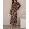 image:imageZESICA Womens Long Sleeve Floral Fall Bodycon Ruched Mesh Maxi Formal DressKhaki