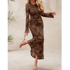 image:imageZESICA Womens Long Sleeve Floral Fall Bodycon Ruched Mesh Maxi Formal DressTie Dye Brown