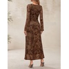 image:imageZESICA Womens Long Sleeve Floral Fall Bodycon Ruched Mesh Maxi Formal DressTie Dye Brown
