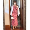 image:imageZESICA Womens Long Sleeve Floral Fall Bodycon Ruched Mesh Maxi Formal DressTie Dye Pink