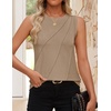 image:imageZESICA Womens Summer Going Out Tops Sleeveless Crewneck Pleated Tank TopKhaki