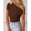 image:imageZESICA Womens Summer Off Shoulder Tops Going Out Y2k Asymmetrical ShirtsBrown