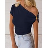 image:imageZESICA Womens Summer Off Shoulder Tops Going Out Y2k Asymmetrical ShirtsNavy