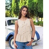 image:imageZESICA Womens Summer Sleeveless Gingham Tank Tops 2026 Crewneck Tie Front Top Loose Ruffle Peplum Babydoll BlousesBeige