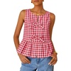 image:imageZESICA Womens Summer Sleeveless Gingham Tank Tops 2026 Crewneck Tie Front Top Loose Ruffle Peplum Babydoll BlousesRed