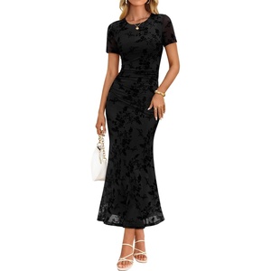 image:imageZESICA Women Summer 2026 Floral Short Sleeve Bodycon Mesh Maxi Formal DressBlack