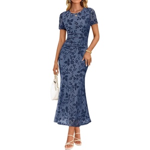 image:imageZESICA Women Summer 2026 Floral Short Sleeve Bodycon Mesh Maxi Formal DressDustyblue