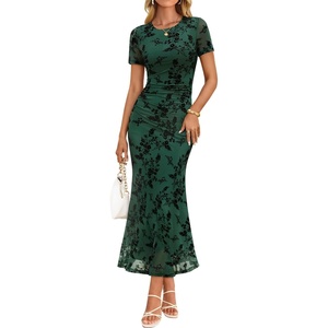 image:imageZESICA Women Summer 2026 Floral Short Sleeve Bodycon Mesh Maxi Formal DressGreen