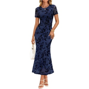 image:imageZESICA Women Summer 2026 Floral Short Sleeve Bodycon Mesh Maxi Formal DressNavy