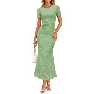 image:imageZESICA Women Summer 2026 Floral Short Sleeve Bodycon Mesh Maxi Formal DressSage
