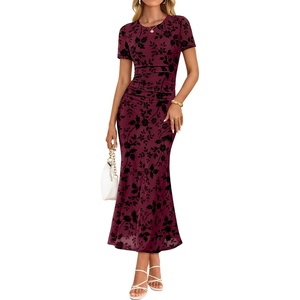 image:imageZESICA Women Summer 2026 Floral Short Sleeve Bodycon Mesh Maxi Formal DressWine
