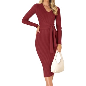 image:imageZESICA Womens 2026 Fall Long Sleeve Bodycon Midi Sweater DressRed