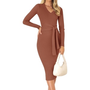 image:imageZESICA Womens 2026 Fall Long Sleeve Bodycon Midi Sweater DressRedbrown
