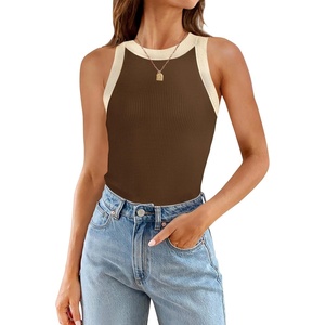 image:imageZESICA Womens 2026 Summer Sleeveless Ribbed Knit Color Block Tank TopsBrown