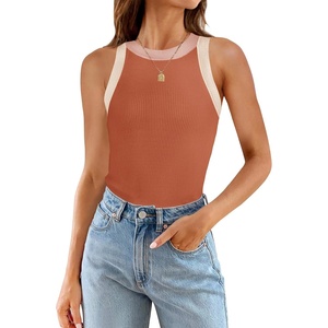 image:imageZESICA Womens 2026 Summer Sleeveless Ribbed Knit Color Block Tank TopsCoral