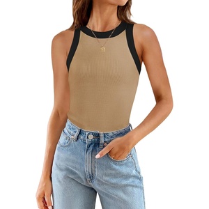image:imageZESICA Womens 2026 Summer Sleeveless Ribbed Knit Color Block Tank TopsToffee