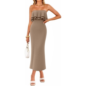 image:imageZESICA Womens 2026 Summer Strapless Knitted Bodycon Midi DressKhaki