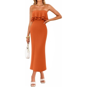 image:imageZESICA Womens 2026 Summer Strapless Knitted Bodycon Midi DressOrange