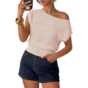 image:imageZESICA Womens Floral Off Shoulder Short Sleeve Sweater VestAlmond