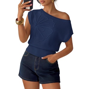 image:imageZESICA Womens Floral Off Shoulder Short Sleeve Sweater VestNavy