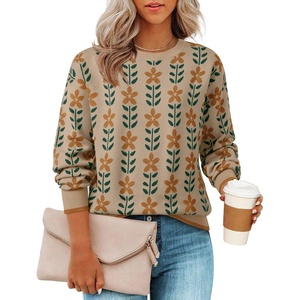 image:imageZESICA Womens Long Sleeve Crewneck Printed Knitted SweatersKhaki