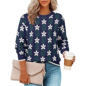 image:imageZESICA Womens Long Sleeve Crewneck Printed Knitted SweatersNavy
