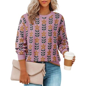 image:imageZESICA Womens Long Sleeve Crewneck Printed Knitted SweatersPink
