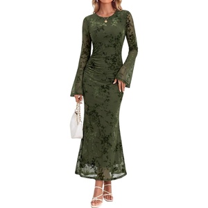 image:imageZESICA Womens Long Sleeve Floral Fall Bodycon Ruched Mesh Maxi Formal DressArmy