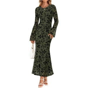 image:imageZESICA Womens Long Sleeve Floral Fall Bodycon Ruched Mesh Maxi Formal DressArmy Green