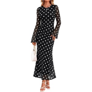 image:imageZESICA Womens Long Sleeve Floral Fall Bodycon Ruched Mesh Maxi Formal DressBlack Polka Dot
