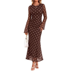 image:imageZESICA Womens Long Sleeve Floral Fall Bodycon Ruched Mesh Maxi Formal DressBrown Polka Dot