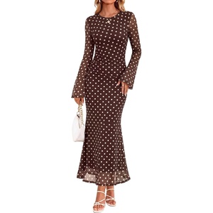 image:imageZESICA Womens Long Sleeve Floral Fall Bodycon Ruched Mesh Maxi Formal DressCoffee Polka Dot