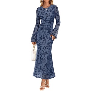 image:imageZESICA Womens Long Sleeve Floral Fall Bodycon Ruched Mesh Maxi Formal DressDusty Blue