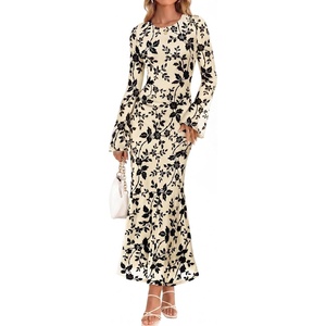 image:imageZESICA Womens Long Sleeve Floral Fall Bodycon Ruched Mesh Maxi Formal DressFloral Apricot