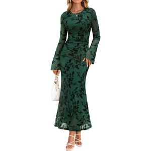 image:imageZESICA Womens Long Sleeve Floral Fall Bodycon Ruched Mesh Maxi Formal DressGreen